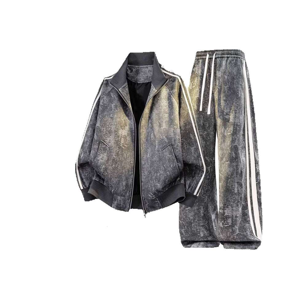 Retro Casual Sports Suit Men Spring Stand Up Collar Jacket Trousers Two Piece Set Versatile Sportswear Set Running Set Leisure Suit