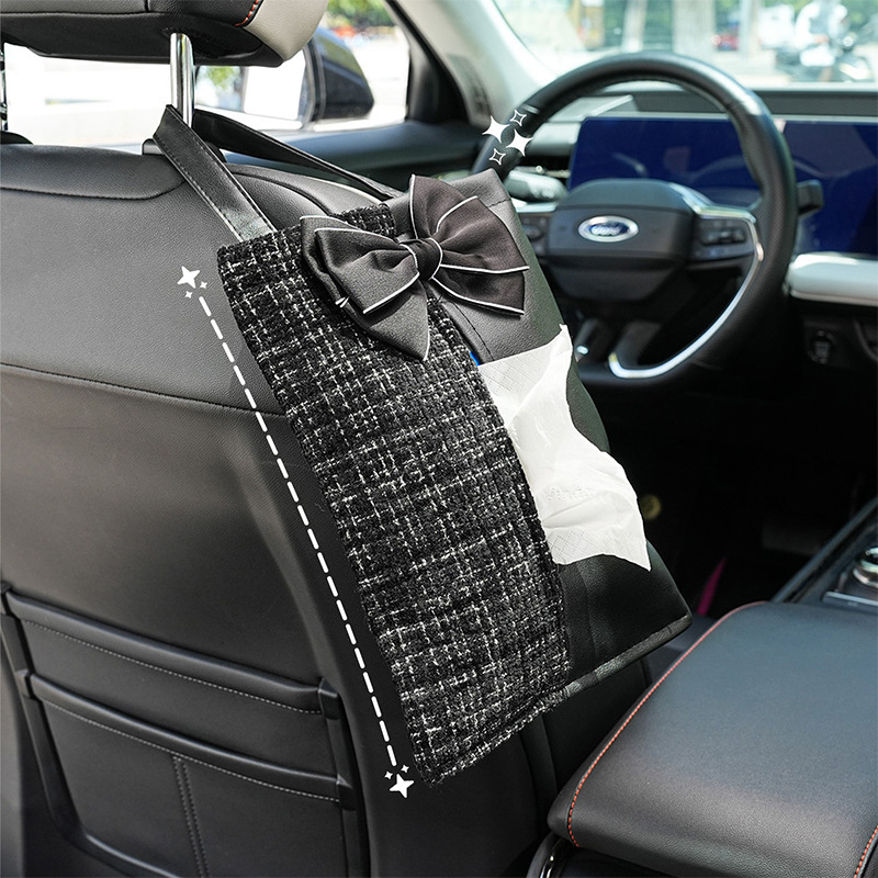 Tissue Box Camellia Style With Bowknot Knitted Texture Leather Seat Back Hanging Luxury Car Interior Accessories