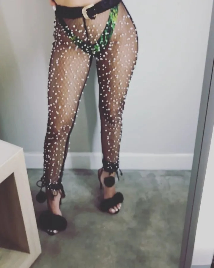 BKLD Women See Through Boho Pants High Waist Trousers Summer Beach Party Bodycon Long Trousers Pearl Beading Mesh Sheer Pants 260408