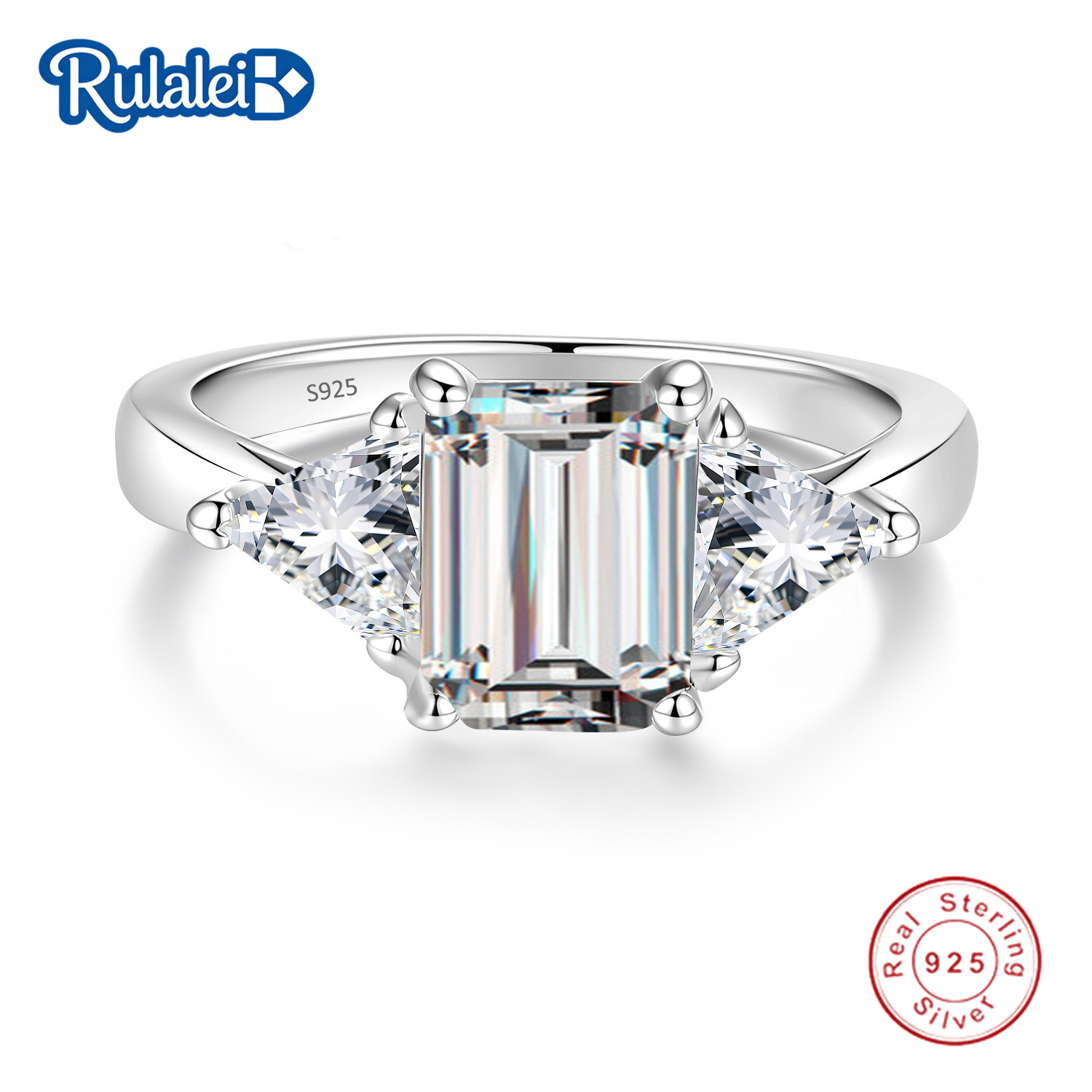Rulalei Gorgeous Luxury Jewelry Wedding Rings Genuine 100% 925 Sterling Silver Emerald Cut White Lab Moissanite Diamond Elegant Party Eternity Band Ri