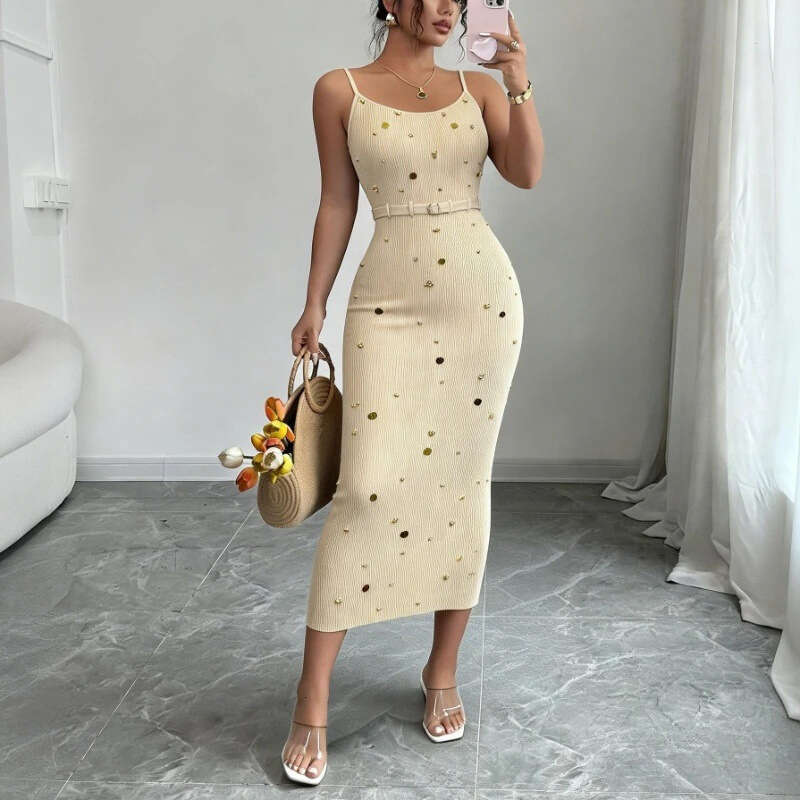 Designer French beaded sequin knit vest FC skirt European and American summer new fashion elegant A13 slim fit slit waist FC long skirt