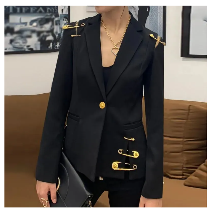 Womens Suits Hollow Out Blazer For Women Lapel Long Sleeve Golden Pins Accessories Split Slim Black Blazers Female 2026 Fashion Style