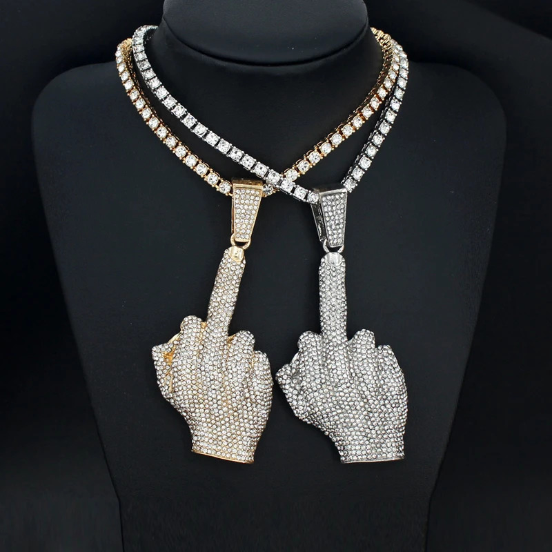 Hip Hop Big Polite Gesture Middle Finger Pendant Necklace with 11mm Crystal Cuban Chain HipHop Iced Out Necklaces Men Women 260409