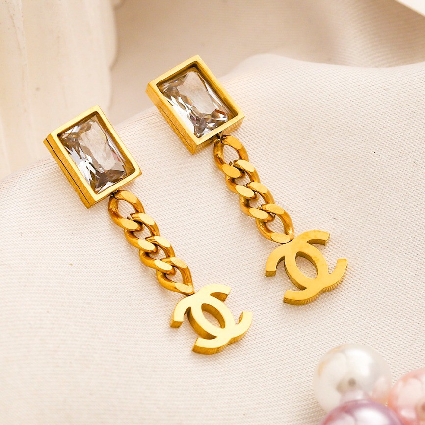 Luxury CC Letter Chain Drop Earrings for Women 14K Gold Plated Stainless Steel Square Crystal Dangle Earrings Designer Inspired Fashion Jewelry