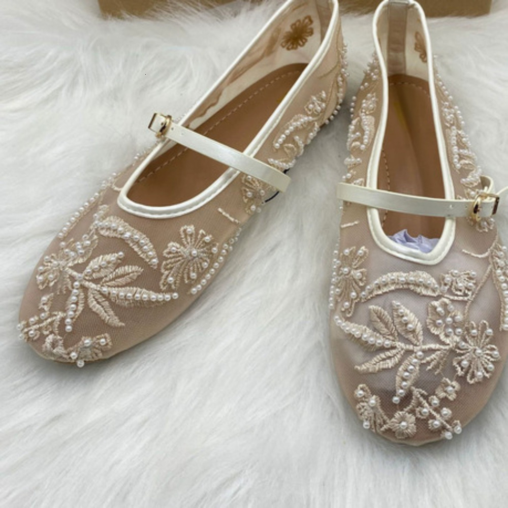 Women's Embroidery String Bead Mesh Ballet White Pearl Mary Jane Shoes Light Summer Flats Elegant Cozy Flat Sandals Daily Outfit
