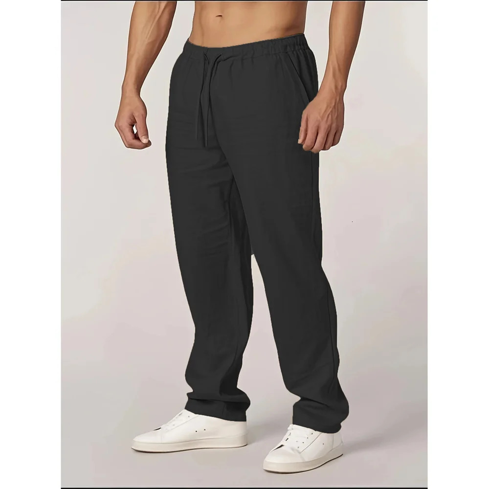 Autumn Mens Cotton Linen Pants Straight Leg Lightweight Breathable Casual Basic Style Elastic Waist Long Pants 260408