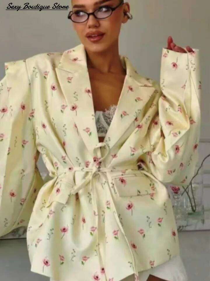 Famous brand Chic Oversize Floral Printed Women Jacket Padded Lapel Lace Up Loose Coat Long Sleeve High Waist Outwears Lady Streetwear MAKOUFEI