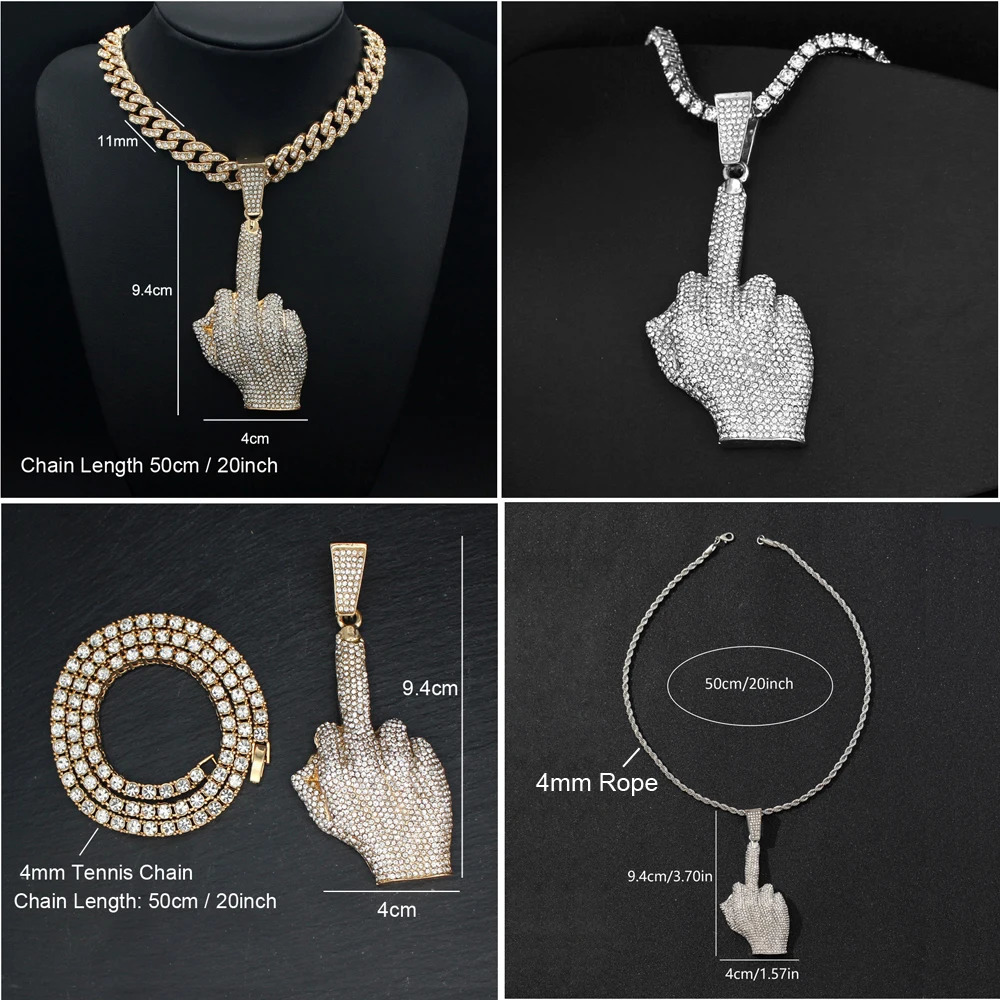 Hip Hop Big Polite Gesture Middle Finger Pendant Necklace with 11mm Crystal Cuban Chain HipHop Iced Out Necklaces Men Women 260409