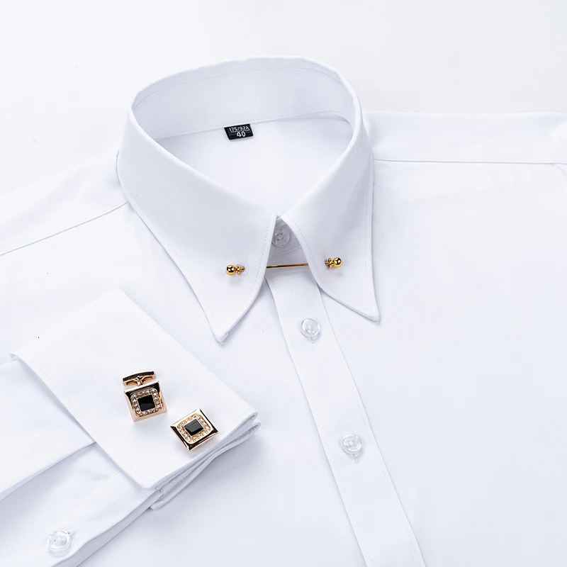 Embroidered French Cufflinks Mens Long-Sleeve Shirt with Collar Pins Big Collar Dress Shirt for Business Formal Wear Gentlema 260408