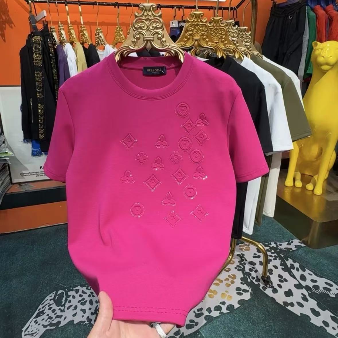 Luxury Brand Designer Clothes Autumn New Fashion Men's Rhinestone-Embossed Short-Sleeve T-Shirt, Trendy Influencer Style, Thickened Half-Sleeve T