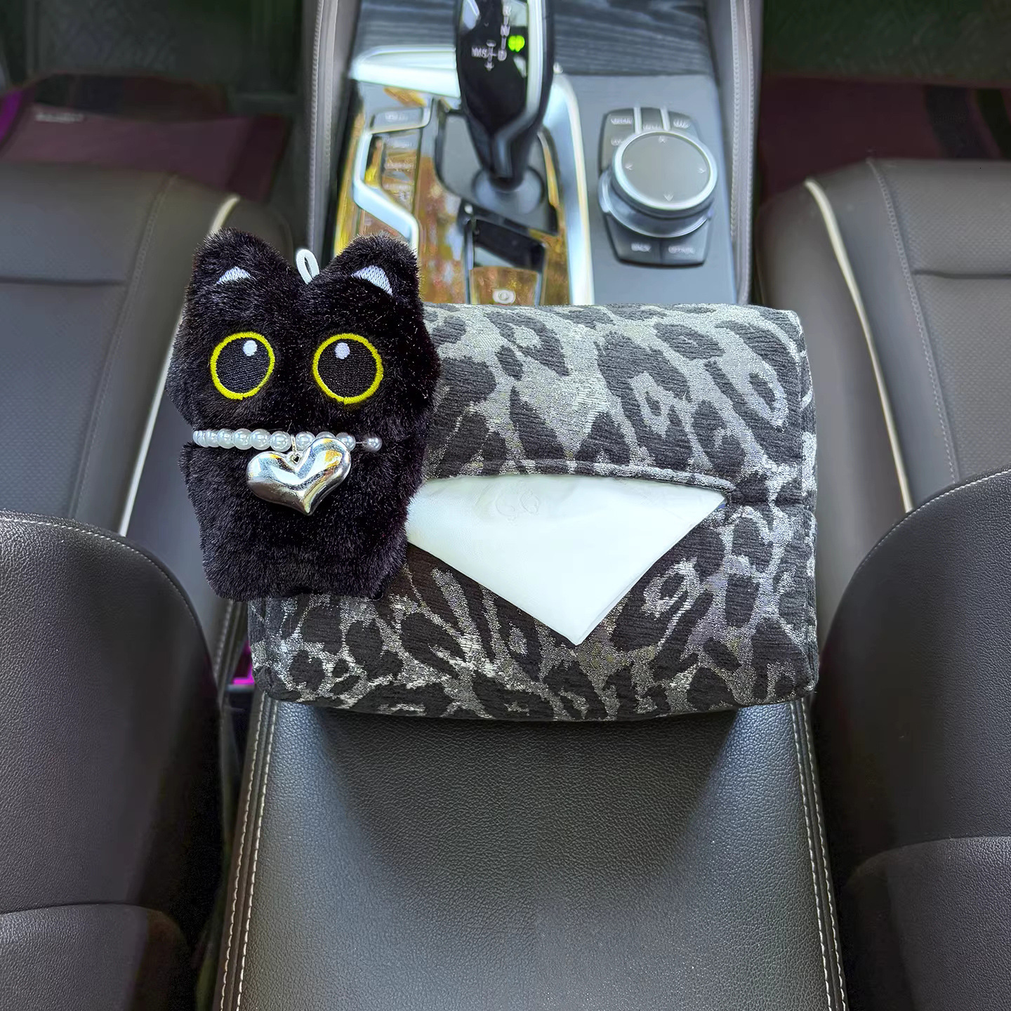 Tissue Box Cute Little Black Cat Cover Leopard Print Base Leather Texture Luxury Seat Back Hanging Car Armrest Storage