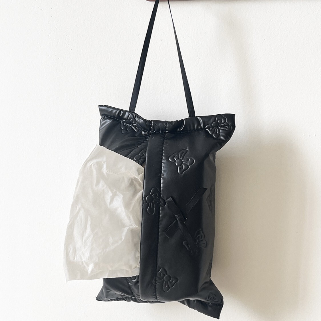 Tissue Box Bowknot Print Bowknot Decor Leather Texture Ins Style High Value Quilted Waterproof Handheld And Hanging Car Tissue Box