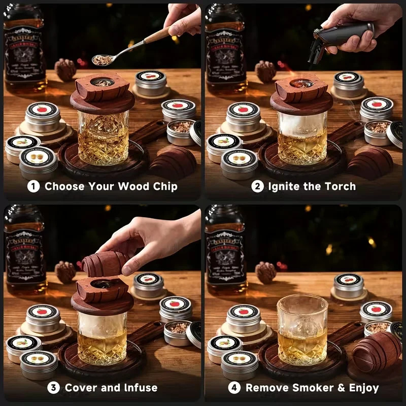 Flavors Whiskey Smoker Kit Classic Cocktail Infuser Set with Wood Chips for Bourbon Gifts Birthday Present y260408