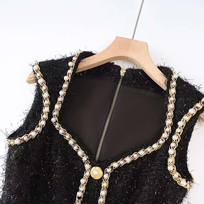 Designer French elegant beaded k30 tweed pearl border sleeveless waist cinched socialite style short skirt
