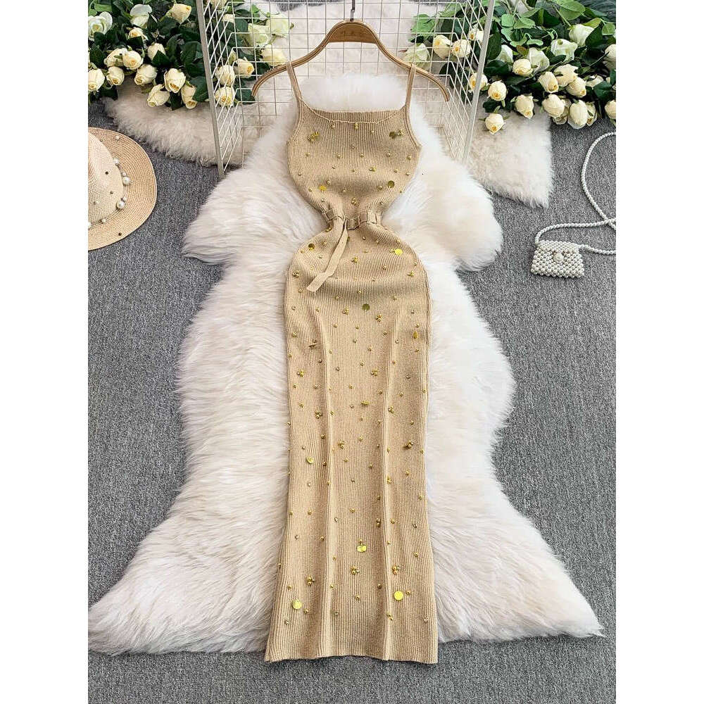 Designer French beaded sequin knit vest FC skirt European and American summer new fashion elegant A13 slim fit slit waist FC long skirt
