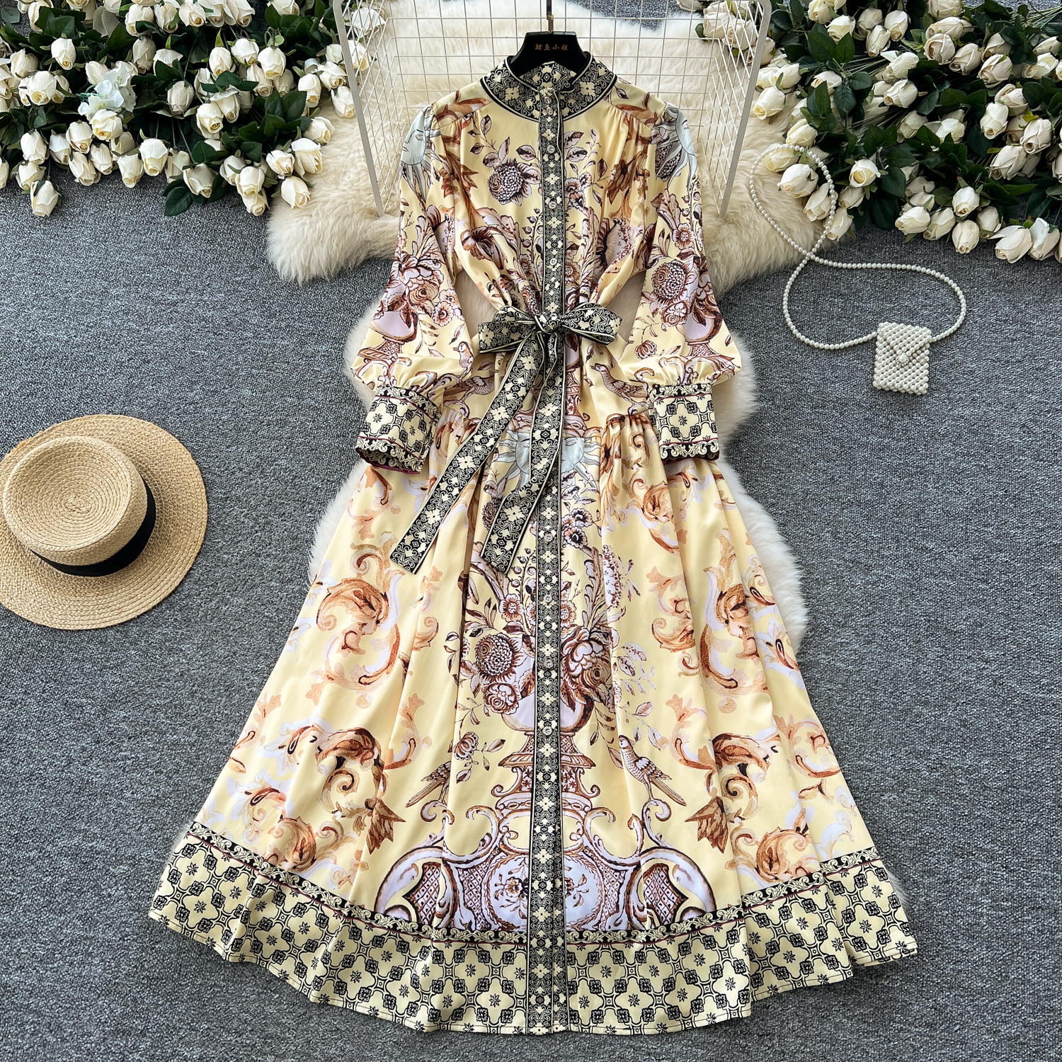 Fashion Elegant Pleated Dress Women's Autumn and Winter Printed Long Sleeve Korean Clothings Vestidos 210527