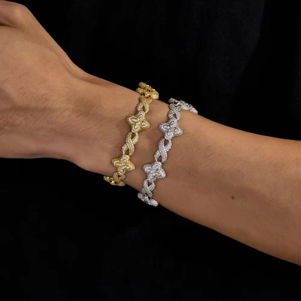 S925 Sterling Silver Four-Leaf Clover Cuban Chain Hip Hop Jewelry Mens Trendy Versatile Moissanite Bracelet Customization