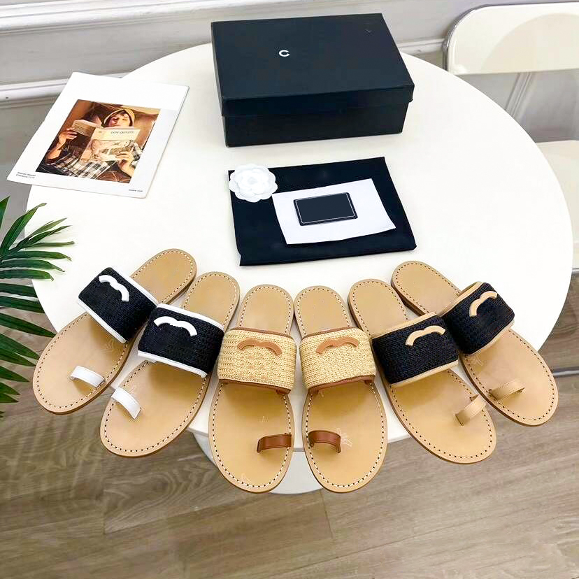 Top quality Designer Flip Flops thong Sandal Summer Raffia Beach shoe Women pool Slide Straw slipper Leather Luxury Mule Flat heel Sandale vacation even Casual shoes