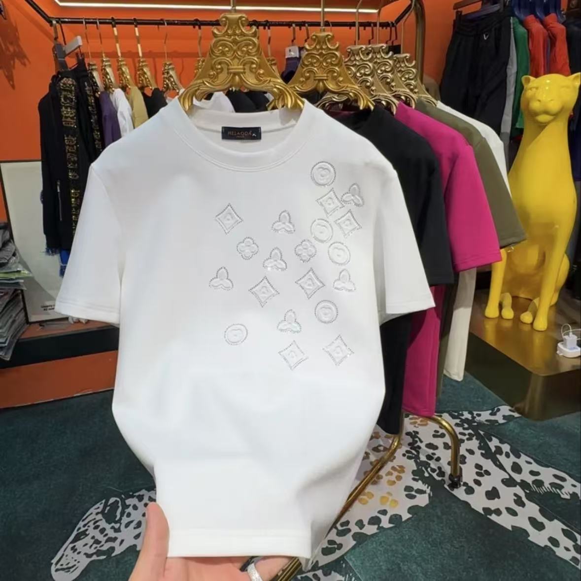 Luxury Brand Designer Clothes Autumn New Fashion Men's Rhinestone-Embossed Short-Sleeve T-Shirt, Trendy Influencer Style, Thickened Half-Sleeve T