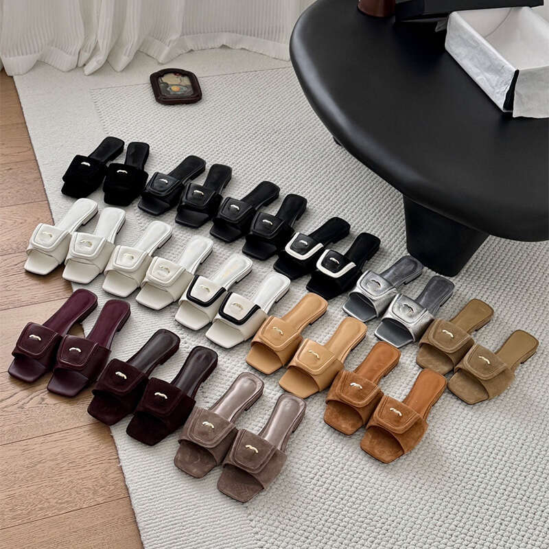 New Style Women Open Toe Flat Slide Sandals Square Toe Slip On Mules Gold Metal Buckle Comfortable Casual Summer Shoes Daily Walking Beach Vacation Party Streetwear