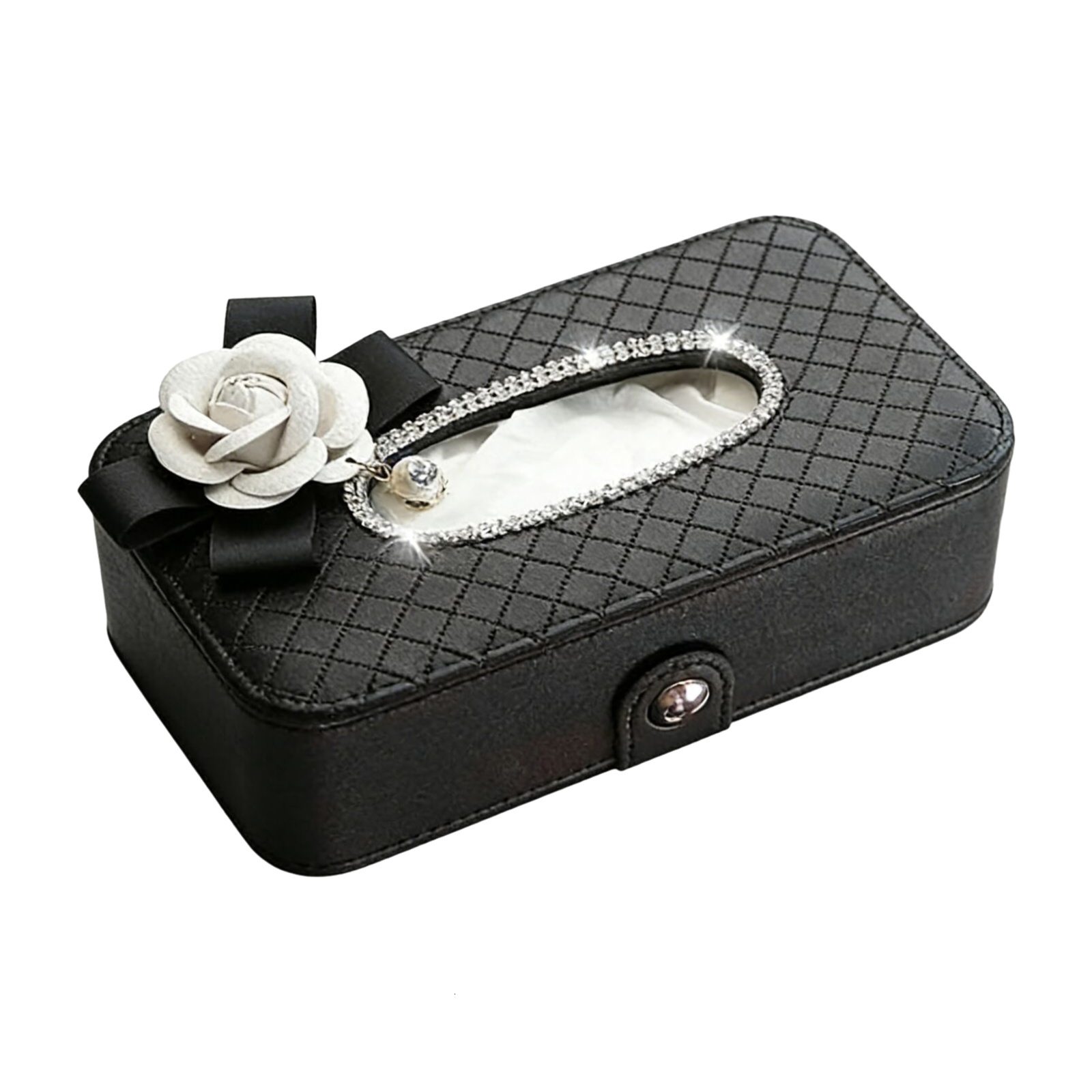 Tissue Box Crystal Camellia Flower Black Knitted Texture Pu Leather Auto Tissue Bag Seat Back Headrest Hanging Holder Case For Car Accessories