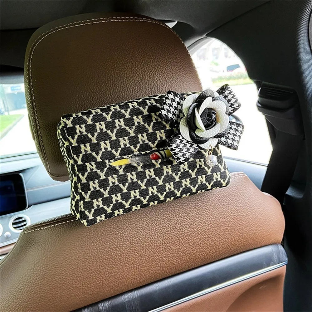 Tissue Box Camellia Style Letter Print Sunflower Creative Car Hanging Auto Interior Backseat Tissue Case Storage Bag Decoration