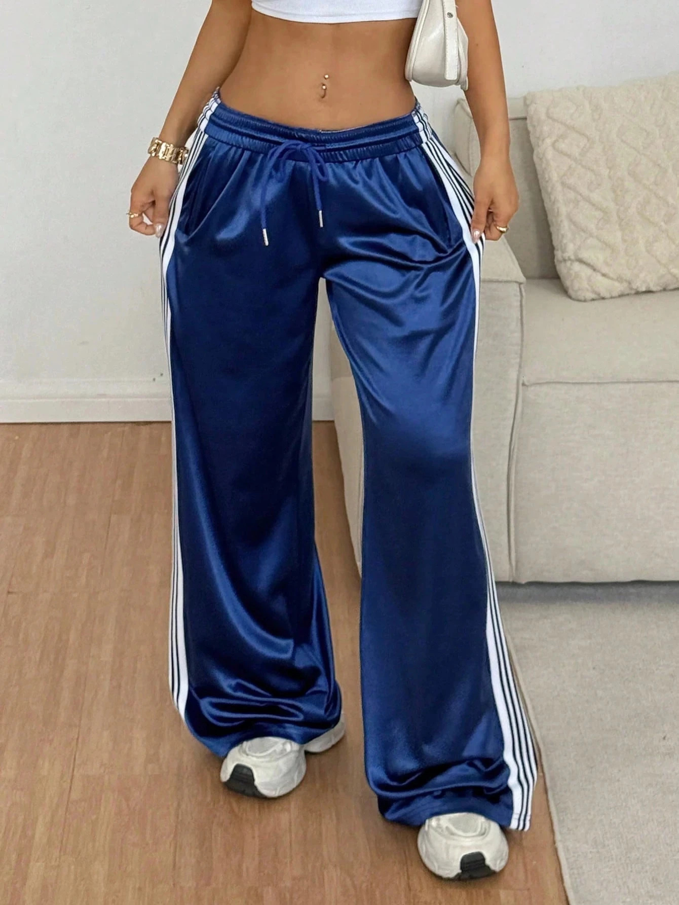 Womens Satin Wide Leg Track Pants Side Stripe Elastic Waist Casual Streetwear Trousers for Daily Fashion 260408