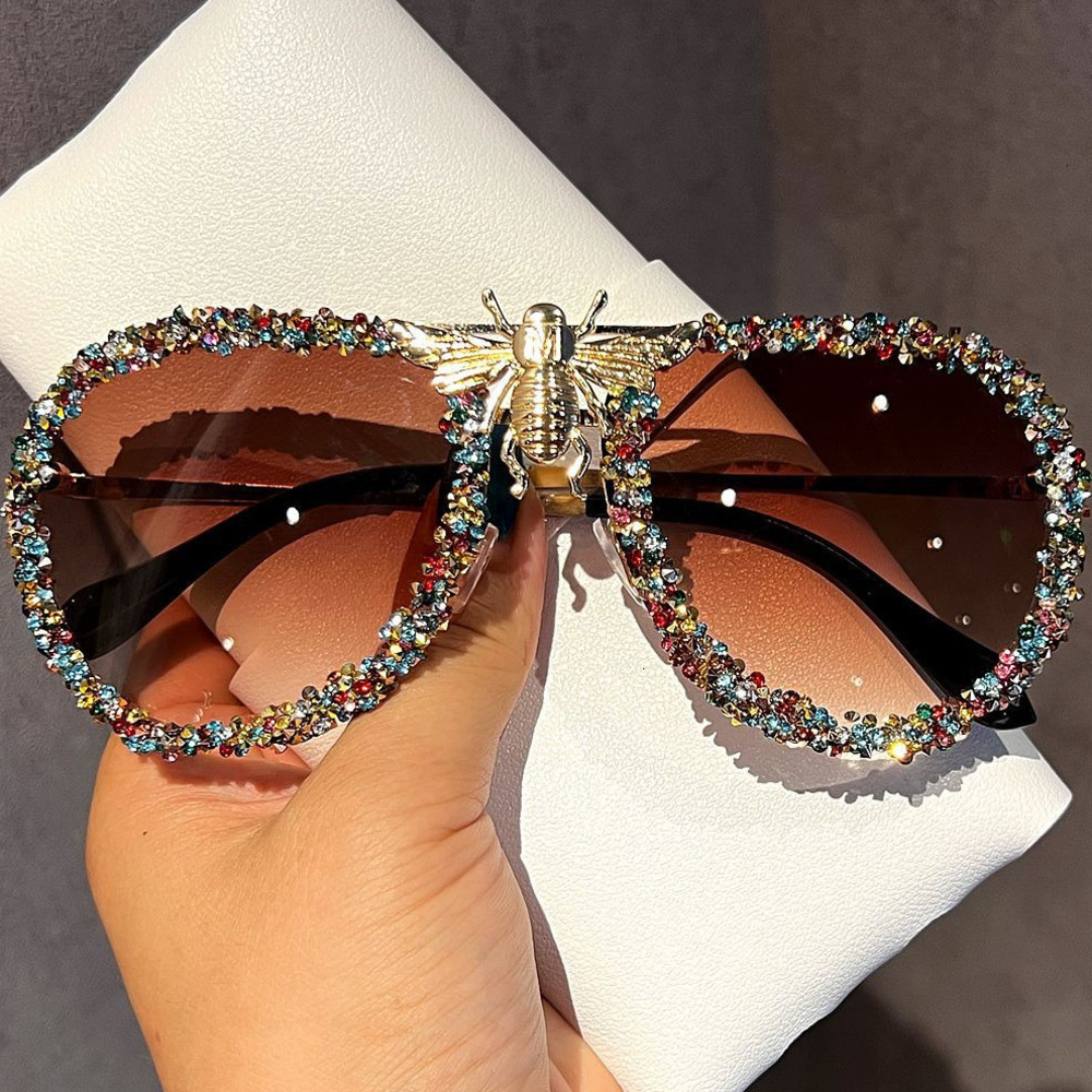 Sunglasses Luxury Brand Designer - Bee - Retro Metallic Material Fashion Large-framed Womens Sunglasses With Crystal Decoration