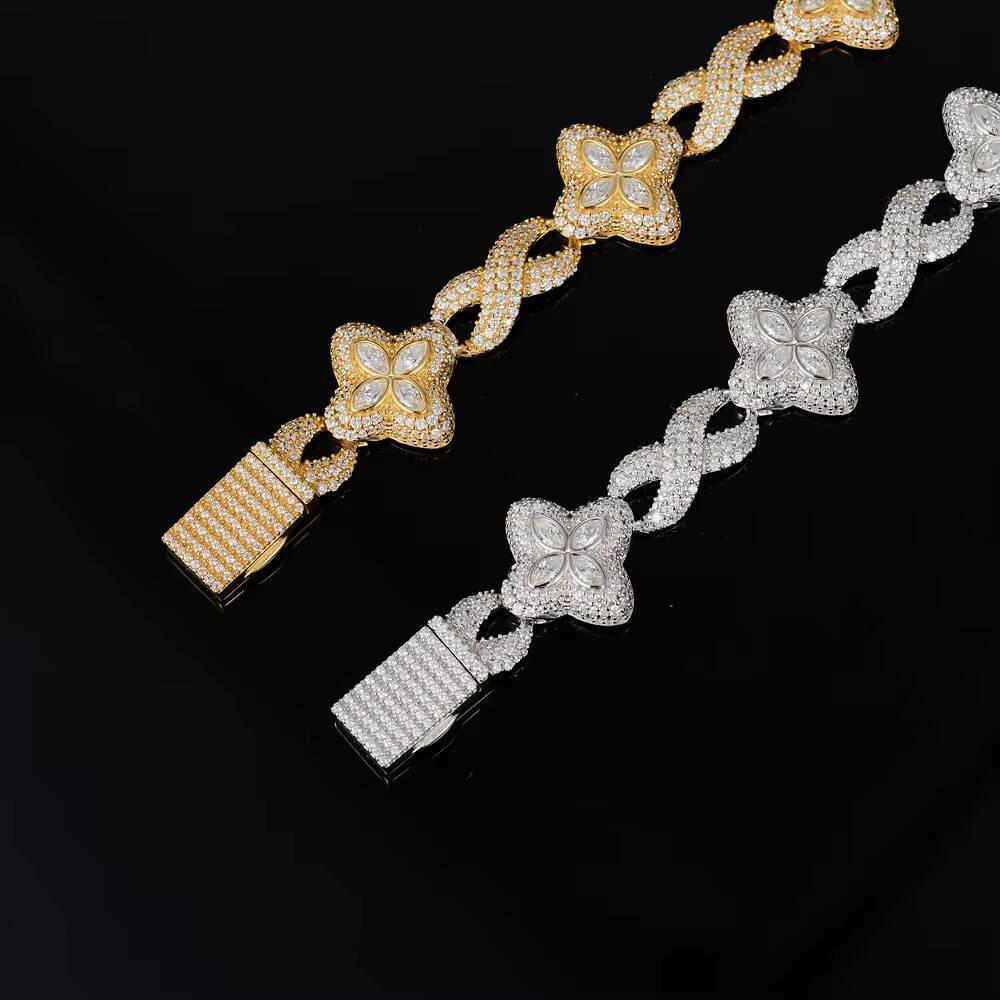 S925 Sterling Silver Four-Leaf Clover Cuban Chain Hip Hop Jewelry Mens Trendy Versatile Moissanite Bracelet Customization
