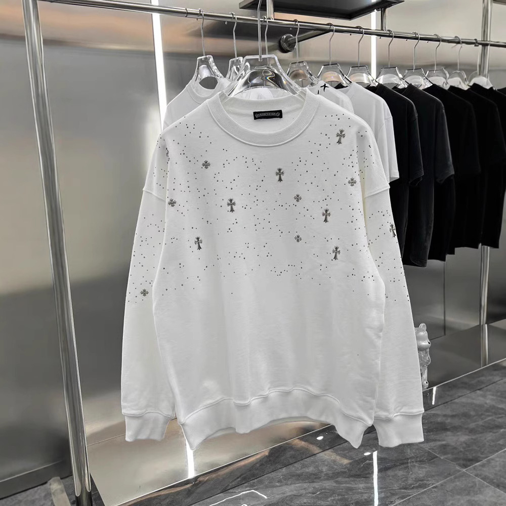 Luxury Brand Designer Clothes Trendy Brand Autumn Men's New Starry Sky Diamond-Studded Metal Cross Decorated Crew Neck Sweatshirt Youth Wrinkle-R