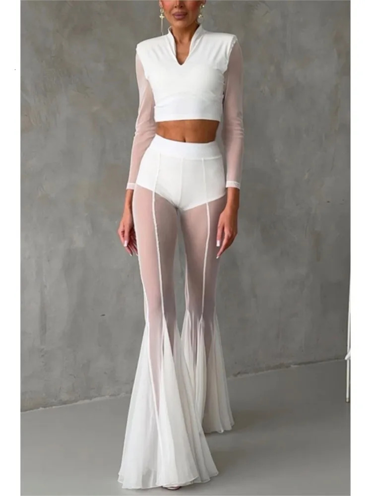 Sexy Sheer Flare Pants For Women Fashion Solid High Waist Long Pants Lady Casual Holiday Streetwear Womens Clothing 260408