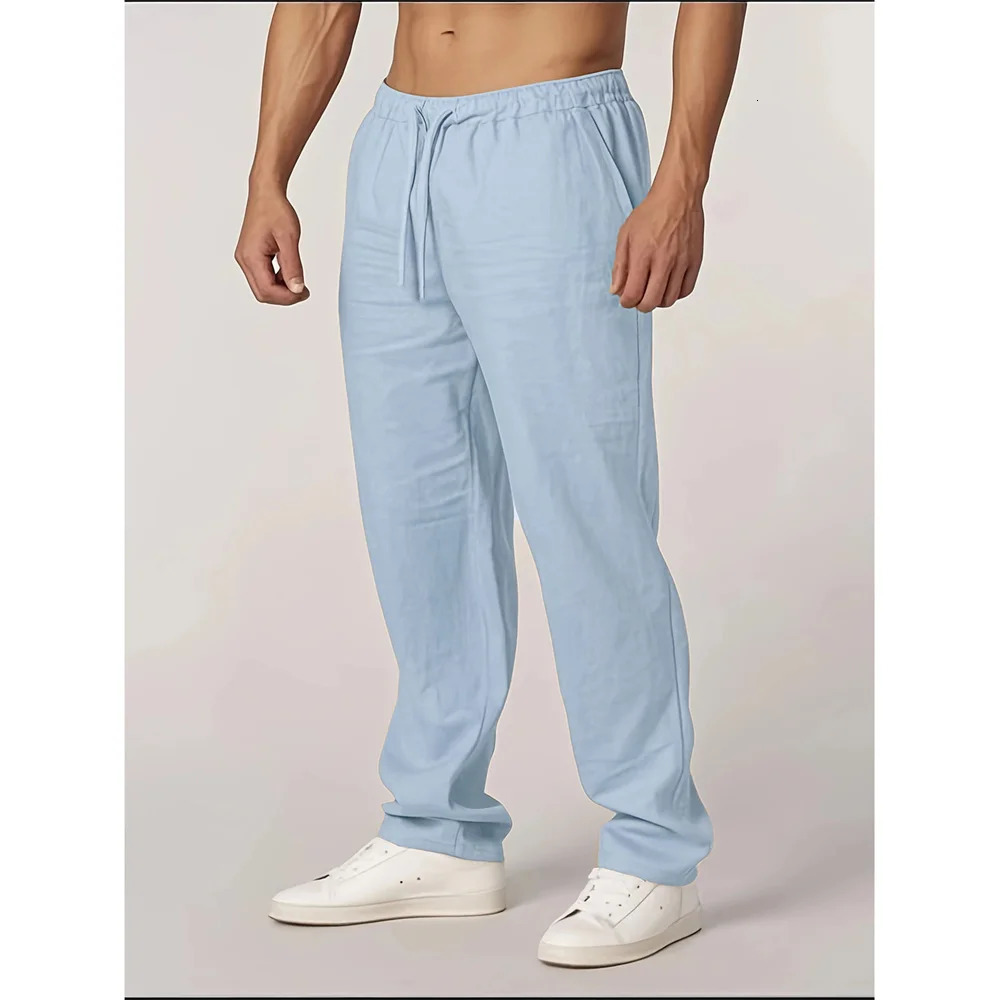Autumn Mens Cotton Linen Pants Straight Leg Lightweight Breathable Casual Basic Style Elastic Waist Long Pants 260408
