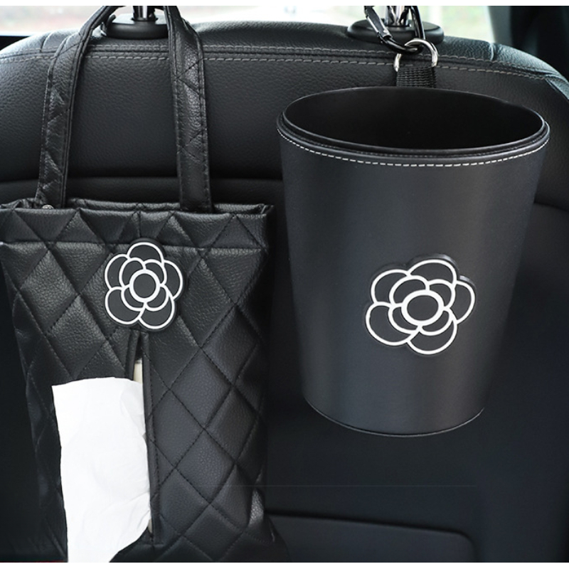 Tissue Box Black With Camellia Rhombus Pattern Car Rear Seat Storage Bin With Trash Bags Hanging Storage Bag