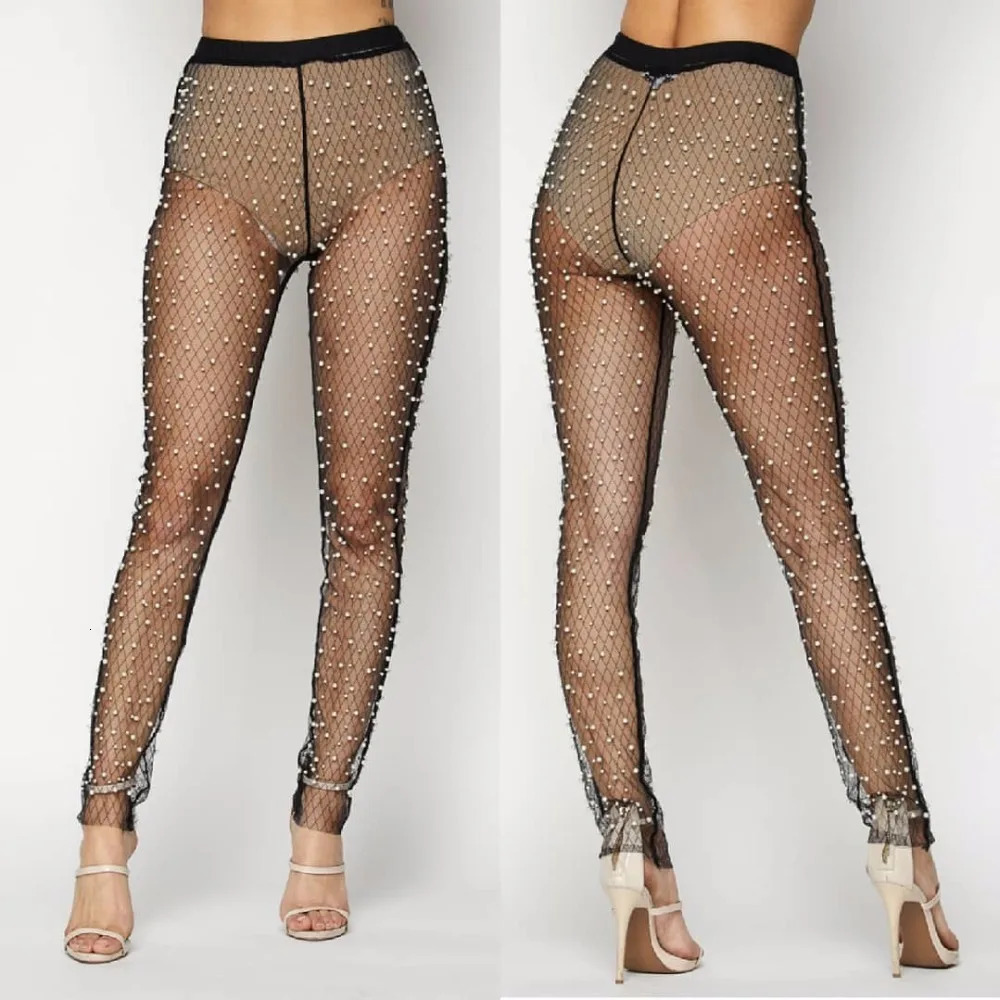 BKLD Women See Through Boho Pants High Waist Trousers Summer Beach Party Bodycon Long Trousers Pearl Beading Mesh Sheer Pants 260408