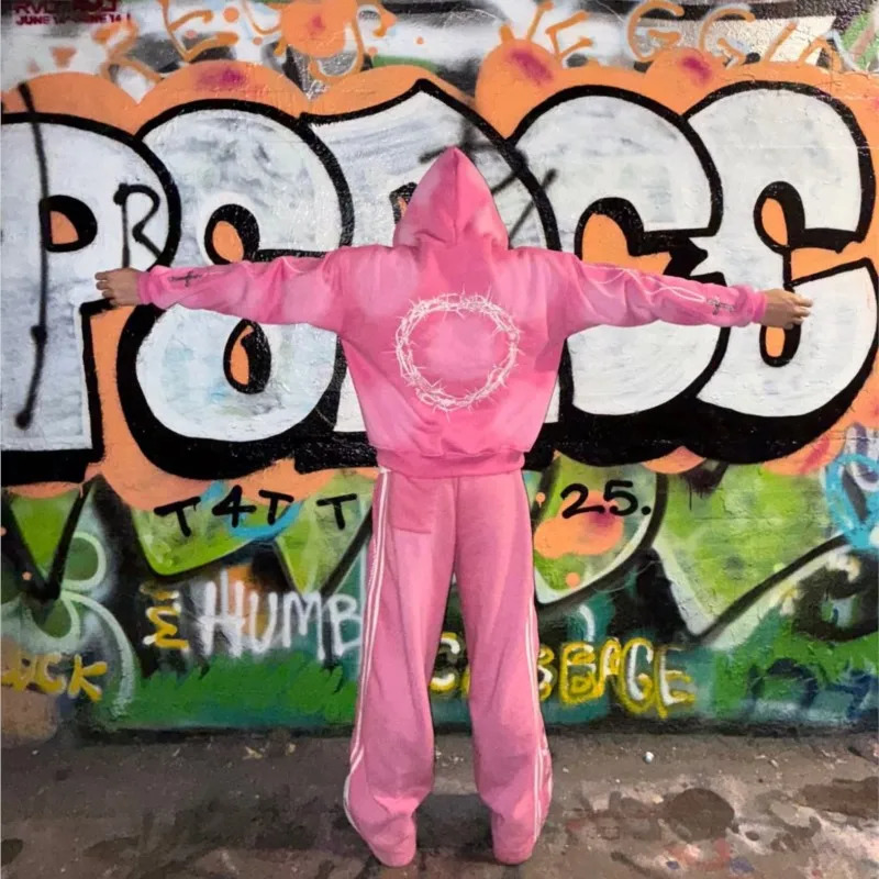 Y2K Pink Knit Hoodie, Full-Zip Stone Stripe Embroidery Hooded Sweatshirt, Men's Streetwear Harajuku Fashion - view 6