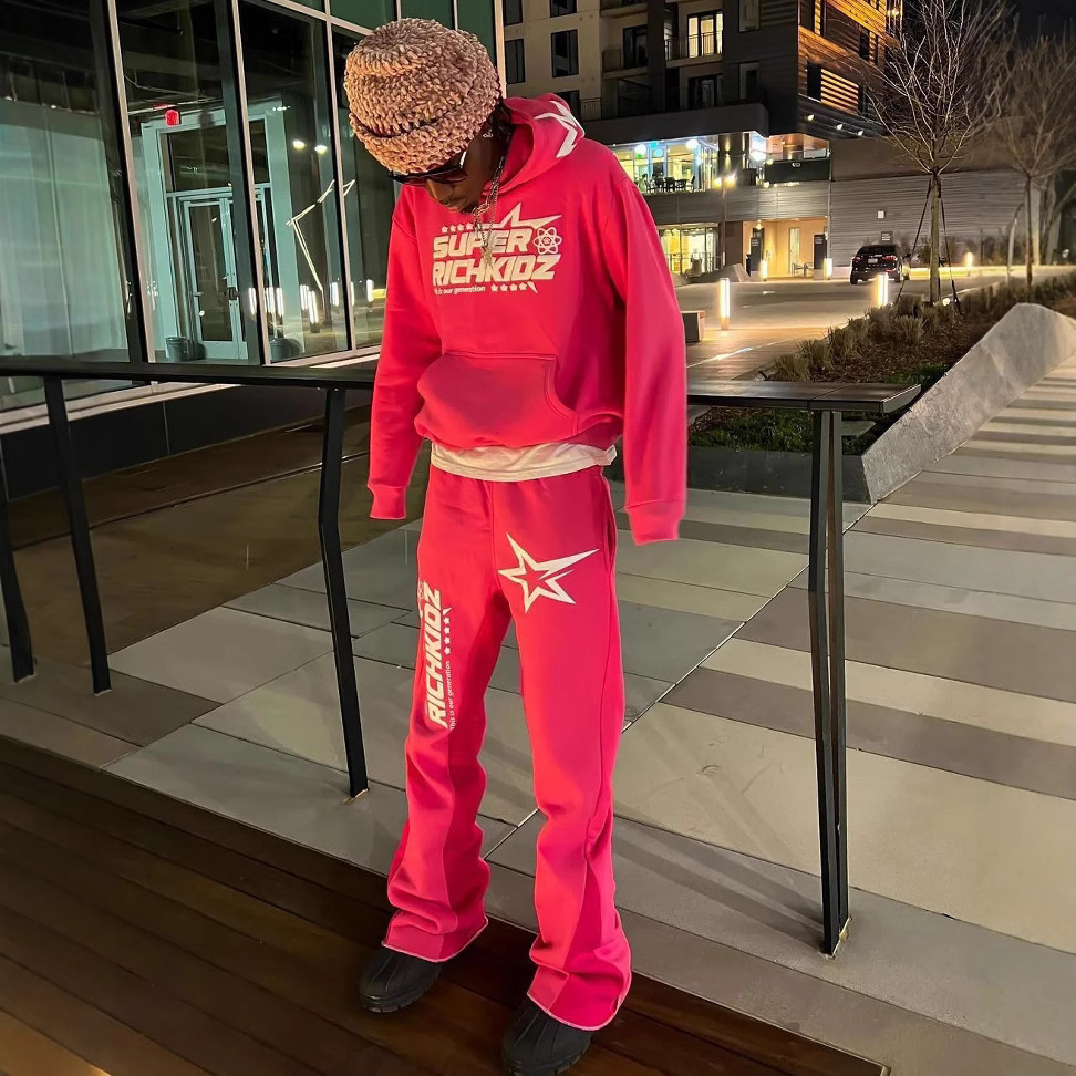 2000S Fashion American Retro Color Cotton Casual Oversized Sweatshirt Men Two Piece Harajuku Joker Slacks Jogging Pant Tracksuit 250324