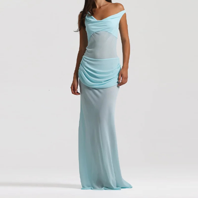 Womens Elegant See Through Maxi Dress Fishbone Tube Top Spliced Long Robes Lace Up Mesh Vestidos Lady Party Dresses 260408