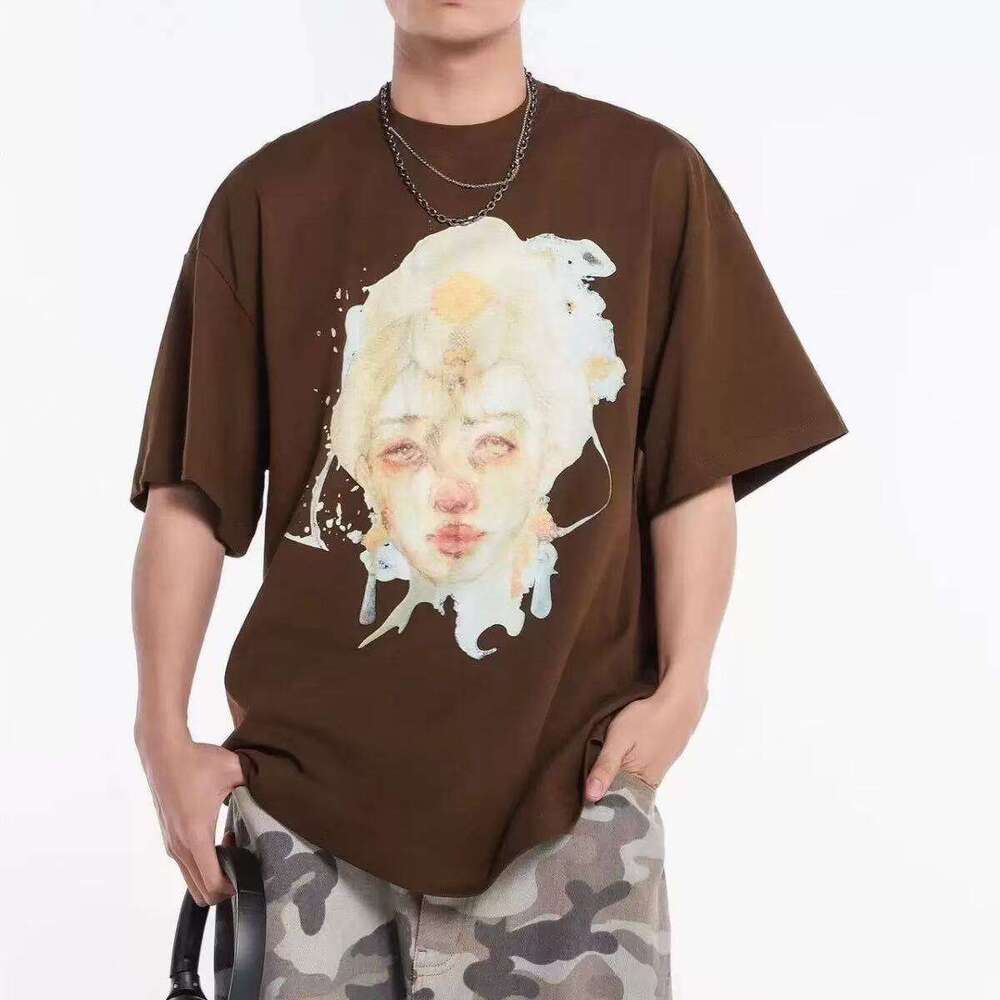 Design Men's Streetwear Watercolor Portrait Print Washed T-Shirt, Casual Loose Fit Short Sleeve Cotton Tee, Retro Art Style for Men's Daily Wear
