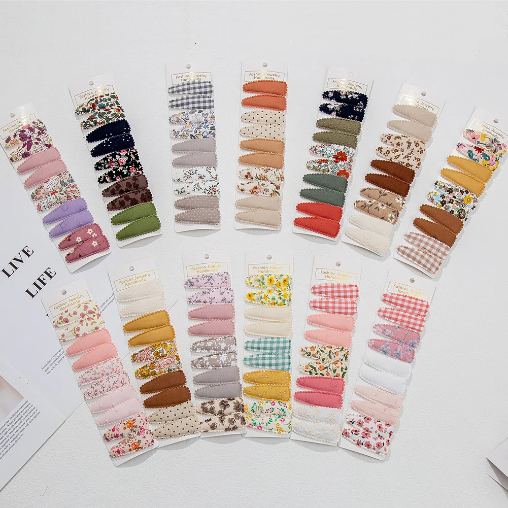 10PcsLot Ins 6cm Flower Print Cotton Alloy Hair Bow Snap Clips Set Fabric Plaid Bobby Hairpins Hairgrips Girls Kids Headwear 260408