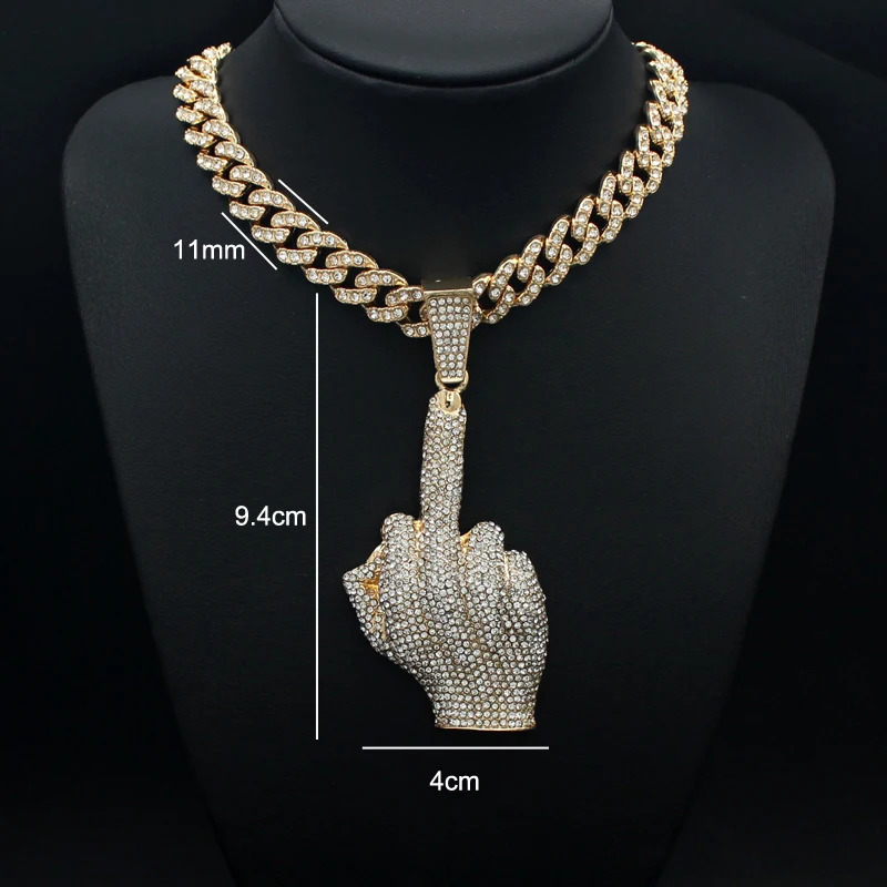 Hip Hop Big Polite Gesture Middle Finger Pendant Necklace with 11mm Crystal Cuban Chain HipHop Iced Out Necklaces Men Women 260409