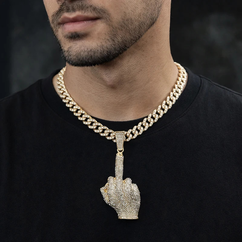 Hip Hop Big Polite Gesture Middle Finger Pendant Necklace with 11mm Crystal Cuban Chain HipHop Iced Out Necklaces Men Women 260409