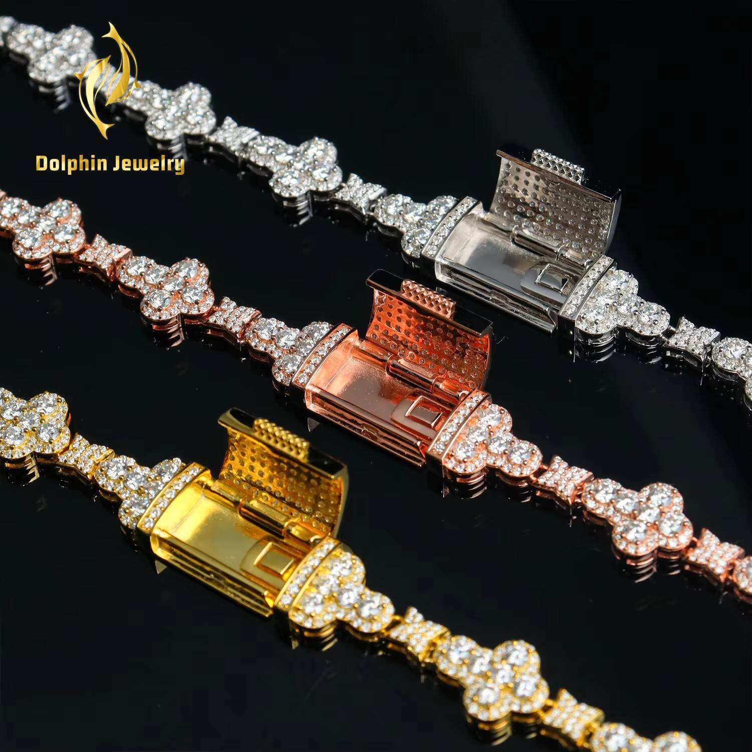 New Design S925 Silver Hip Hop Iced Out Jewelry Moissanite Stones OEM Four Leaf Clover Cross Link Chain Necklace