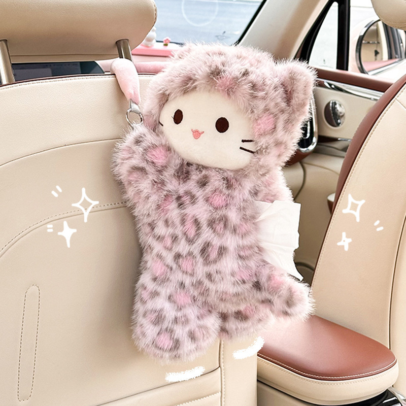 Tissue Box Leopard Print Cat Hanging Doll Cute Plush Car Tissue Bag