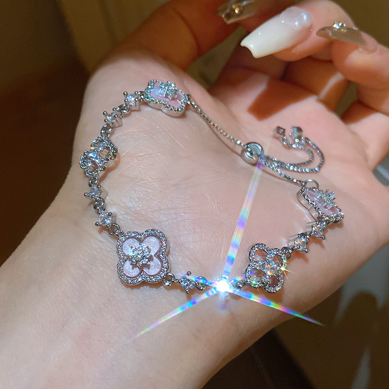bracelet designer for women Rose Pink Four Leaf Clover Jewelry Set Crystal Rhinestone Inlaid Copper Bracelet Necklace Earrings Gift For Daily Party We