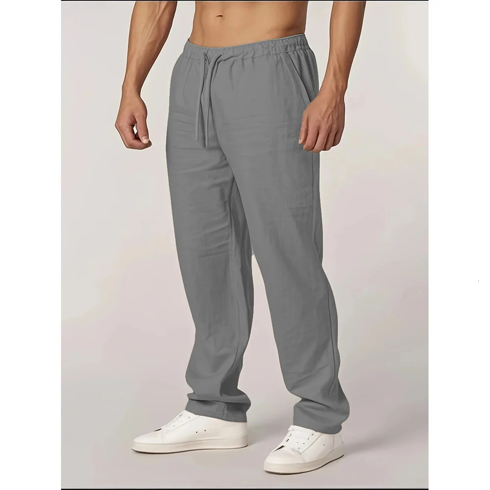 Autumn Mens Cotton Linen Pants Straight Leg Lightweight Breathable Casual Basic Style Elastic Waist Long Pants 260408
