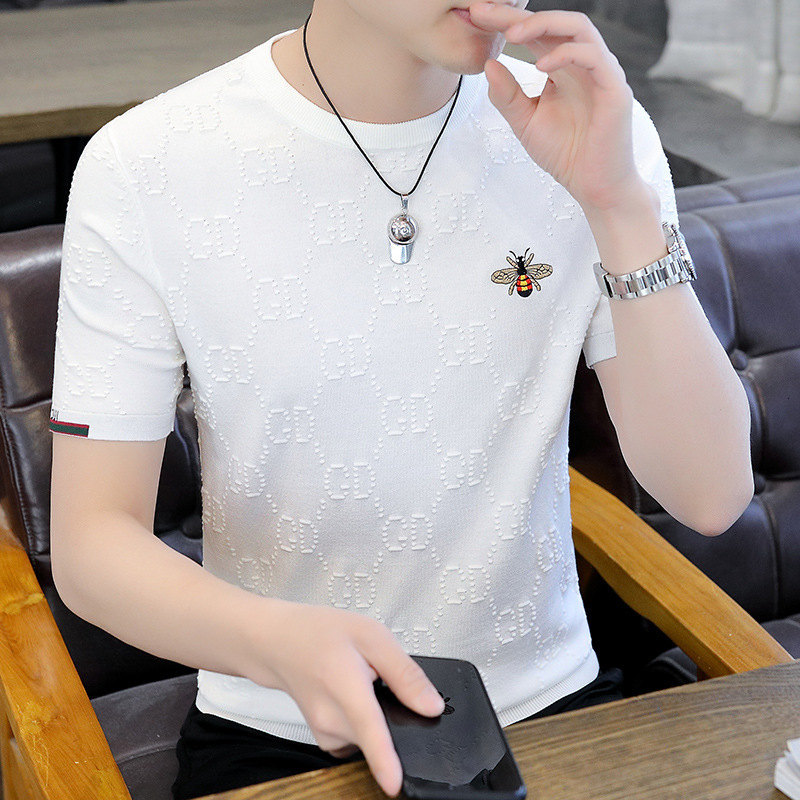 2026 New Designer Luxury Brand Men's Knitted Short Sleeved T-shirt Summer Little Bee Embroidered Ice Silk Round Neck Slim Cool Short Sleeved T-sh