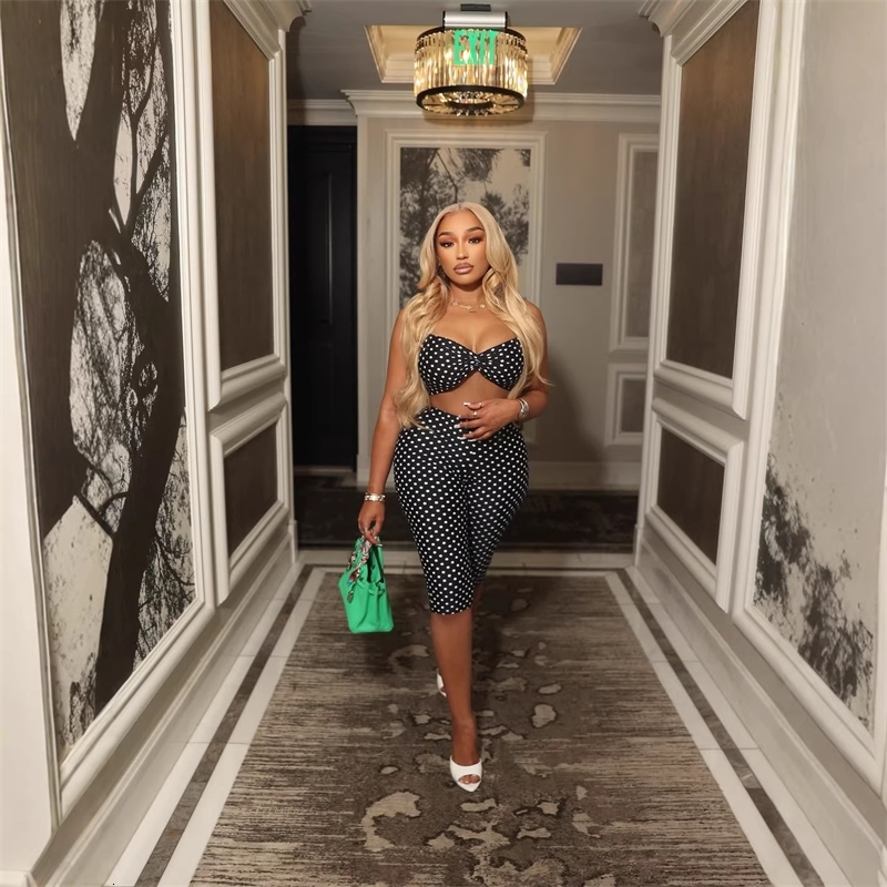 Y2K American Women Spotted Print Set Sexy Cropped Cami Top High Waist Butt Lift Capri 7 Length Pants Summer Matching Outfit