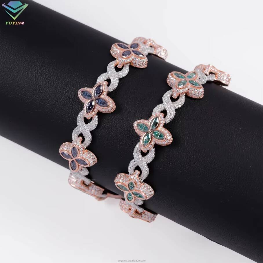 Fashion Clover Hip Hop Jewelry Gold Plated 925 Sterling Silver VVS Moissanite Diamond Four Leaf Clover Necklace Cuban Link Chain