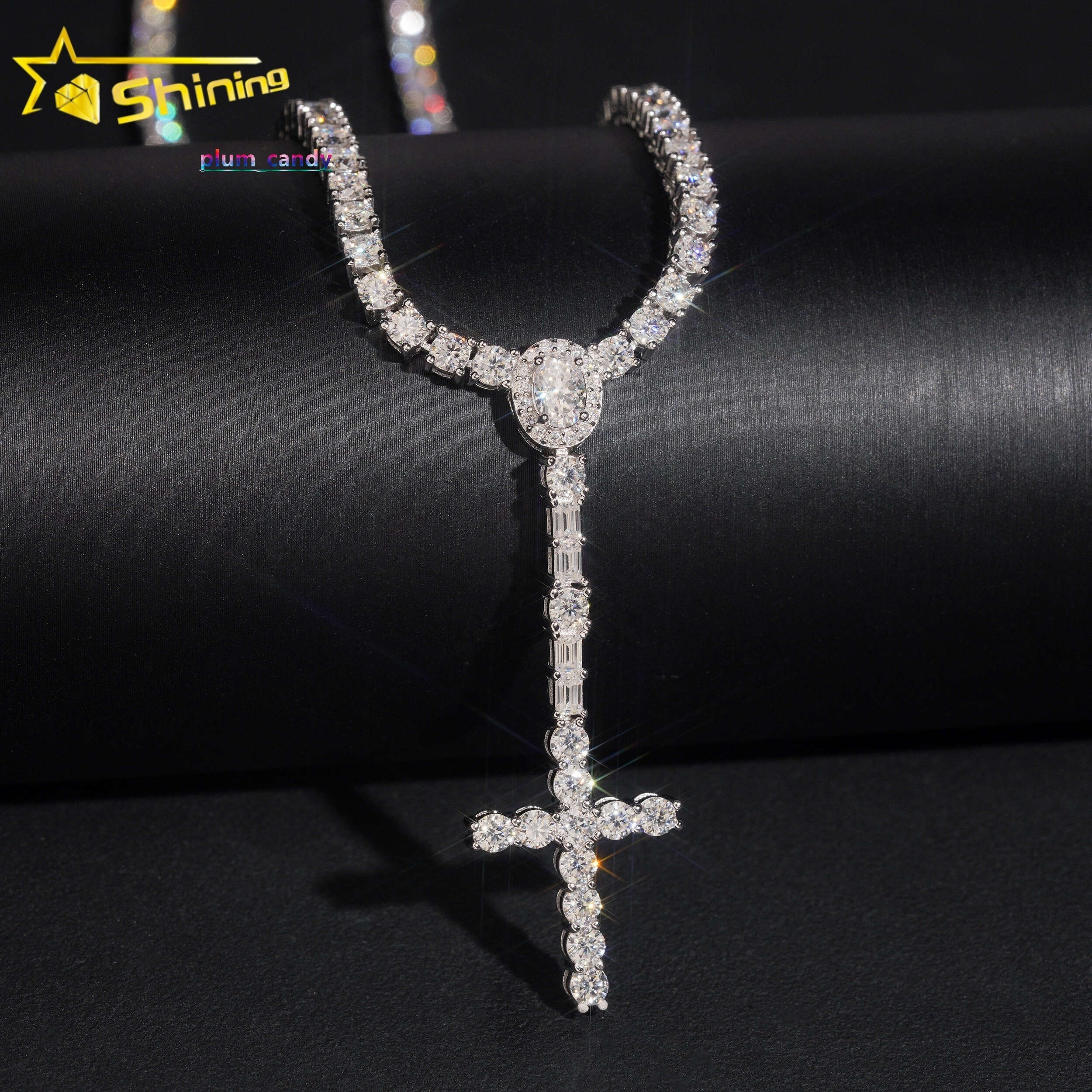 Hip Hop Silver 925 Tester Diamond Chain Luxury Tennis Chain 3MM Rosary Cross Tennis Chain VVS Moissanite Necklaces