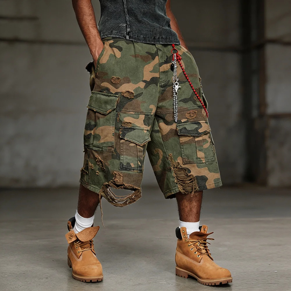 Camouflage Cropped Pants American Vintage Ripped Overalls Denim Camo Shorts Jeans Baggy Summer Clothes for Man Y2k Streetwear 260408